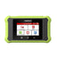 a LAUNCH Creader Elite X500 BM diagnostic tablet featuring a lime green rugged protective casing and a color touchscreen. The screen displays various diagnostic menu icons, including Local Diagnose, OBD II, and Software Update.