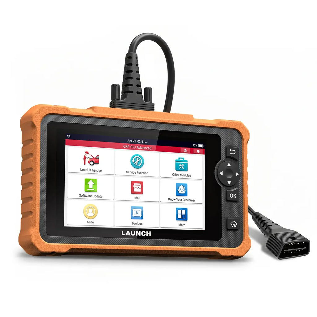 a LAUNCH CRP 919 Advanced diagnostic tablet with a rugged orange and black protective casing and a color touchscreen. It includes a thick black cable connected to a standard 16-pin OBD II connector for vehicle interface.