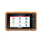a LAUNCH CRP 919 Advanced diagnostic scanner with a rugged orange and black protective casing. The device features a color touchscreen displaying its main menu alongside physical navigation buttons, including a directional pad, an OK button, and a home button.