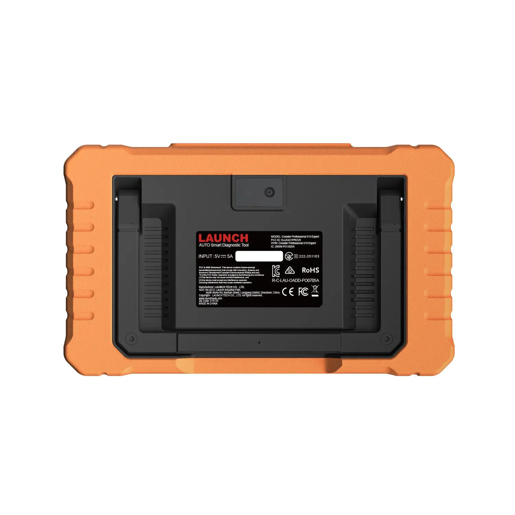 the rear view of a LAUNCH Creader Professional 919 Advanced diagnostic tool, featuring a rugged orange protective casing and a built-in camera. It includes a central black label with product specifications and regulatory logos, as well as a kickstand for hands-free use.