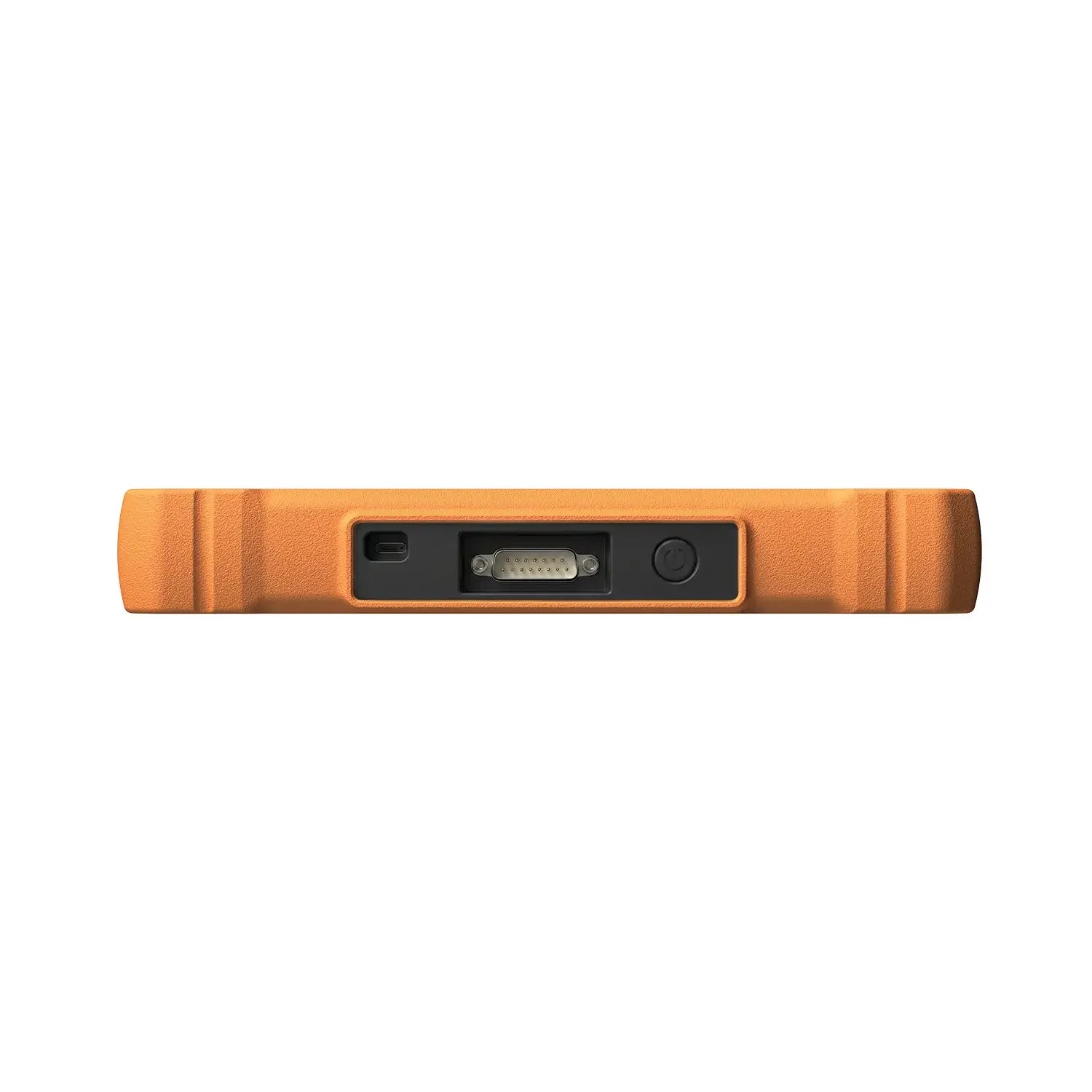 the top edge of a rugged orange diagnostic tool, featuring a USB-C port, a multi-pin serial connector, and a black circular power button. The ports are recessed within the textured casing to provide extra protection during use.