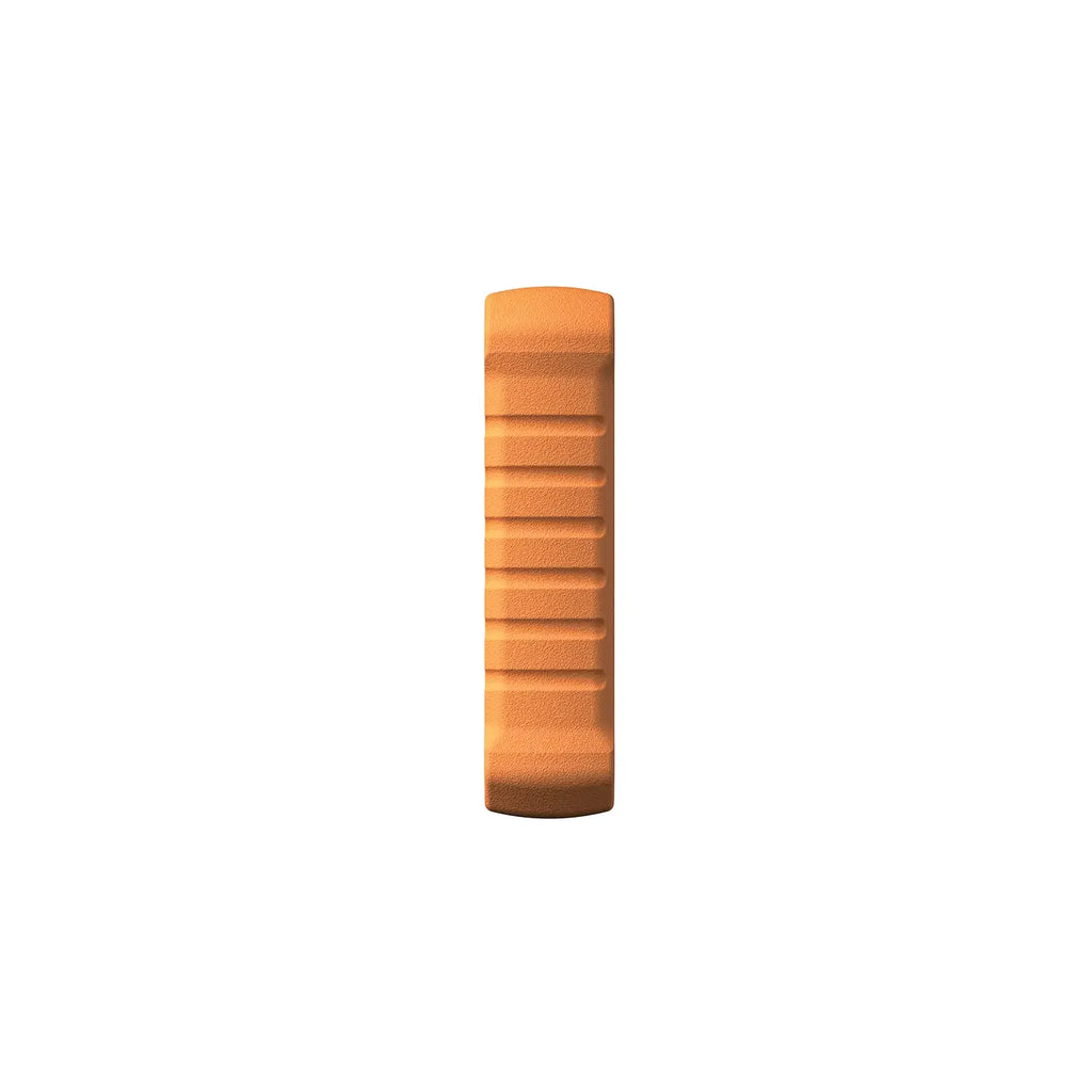 the side profile of a rugged orange device casing, featuring a textured surface with horizontal ridges for an enhanced grip.