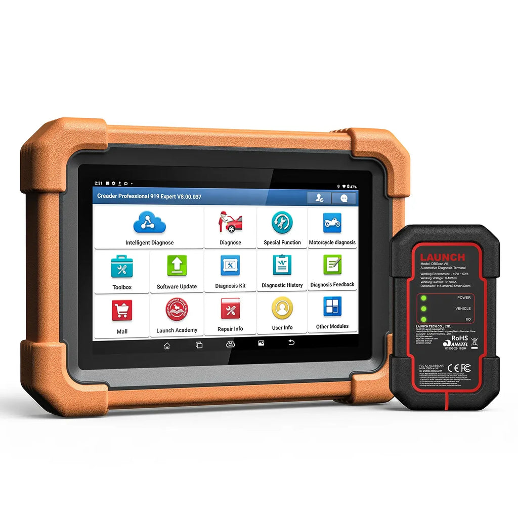 a LAUNCH Creader Professional 919 Expert diagnostic tablet with a rugged orange bumper and a touchscreen displaying a comprehensive menu of icons. It is accompanied by a black wireless DBScar VII VCI connector used for vehicle communication.