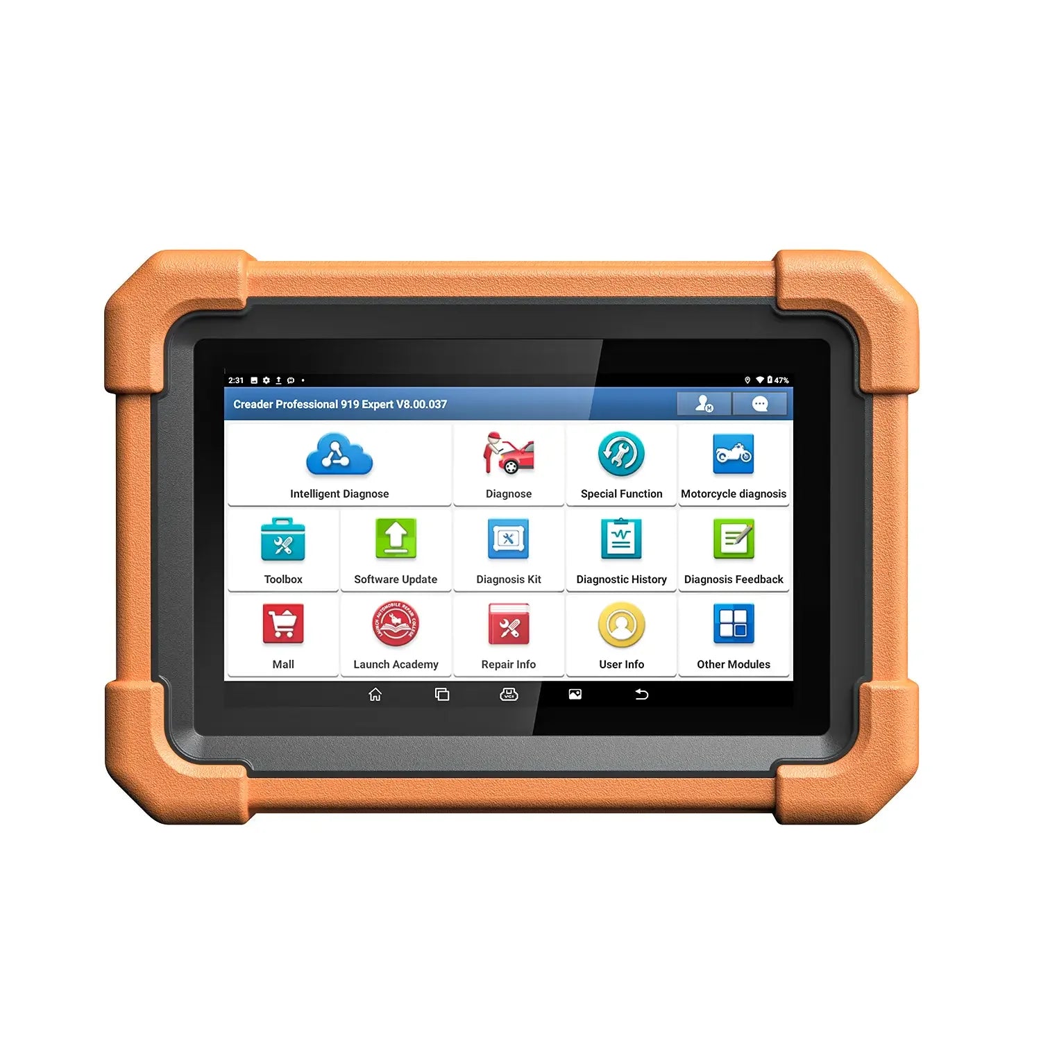 LAUNCH Creader Professional 919 Expert diagnostic tablet with a rugged orange bumper for extra durability. The device features a large touchscreen displaying various icons for automotive and motorcycle diagnostic functions.