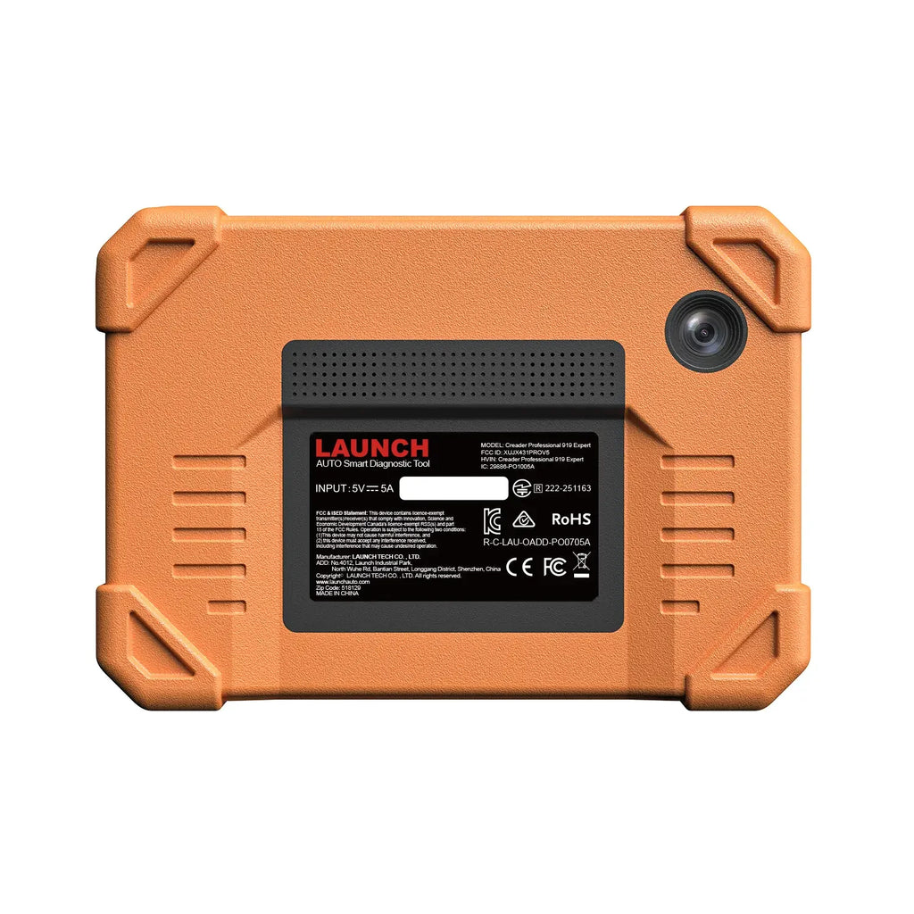 LAUNCH Creader Professional 919 Expert diagnostic tool, featuring a rugged orange protective casing and a built-in camera lens. It includes a central black label with product specifications and regulatory certification logos.