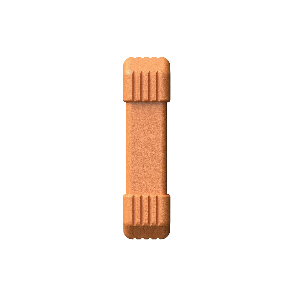 the side view of a rugged orange device casing, featuring a textured surface with grooved reinforcements at the top and bottom corners for added durability.