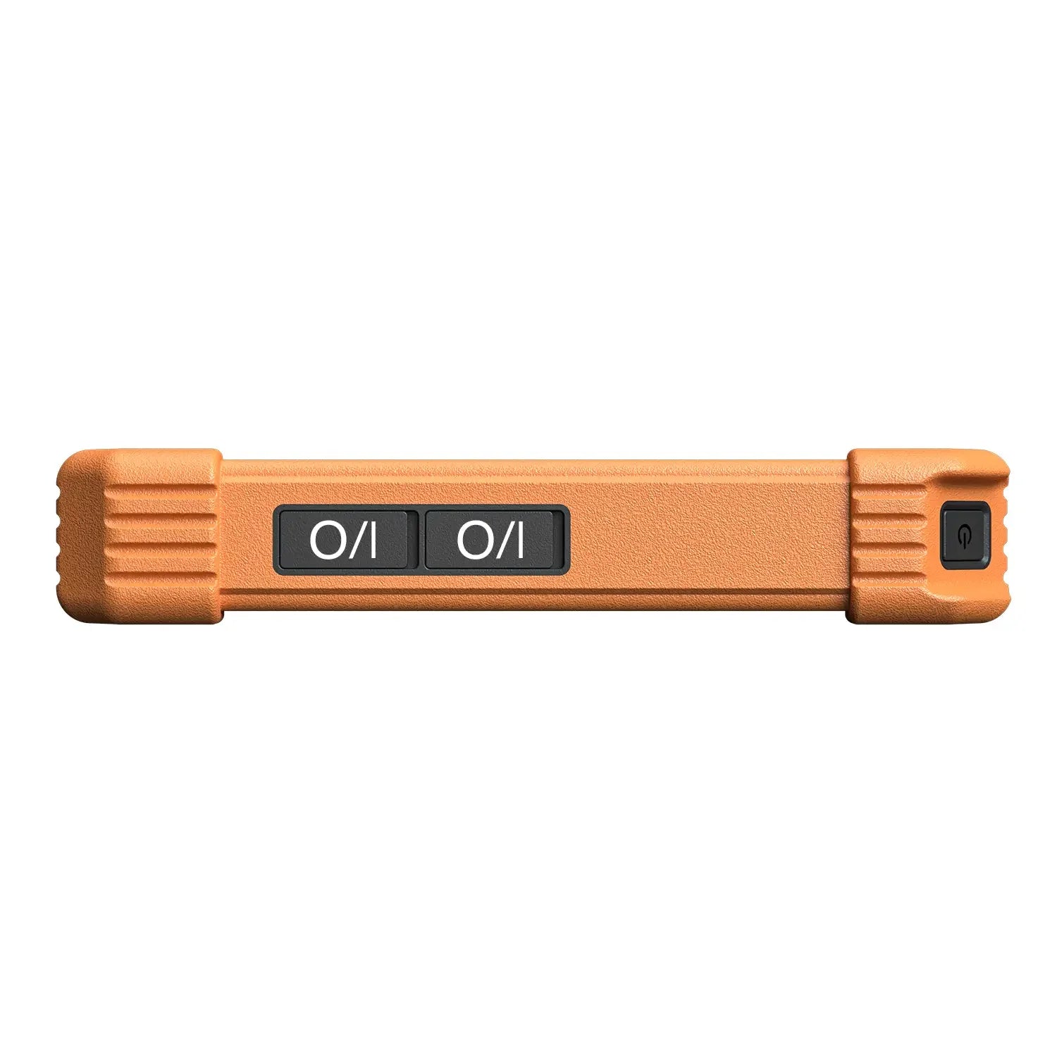 the top edge of a rugged orange device, featuring two large "I/O" buttons and a smaller power button on the right side. The textured casing includes grooved corner bumpers to provide extra impact protection.